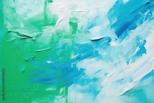 Abstract painting with textured strokes of white, green, and blue, creating a fresh and serene artistic expression.