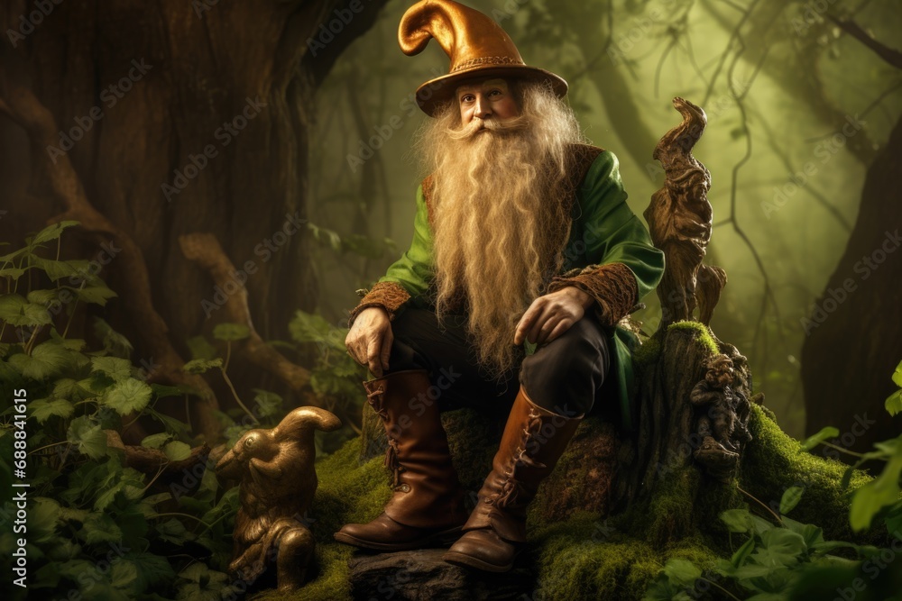 In a magical forest, a whimsical leprechaun sits on a stump, surrounded by a sea of clovers, creating an enchanting scene that captures the essence of St. Patrick's Day