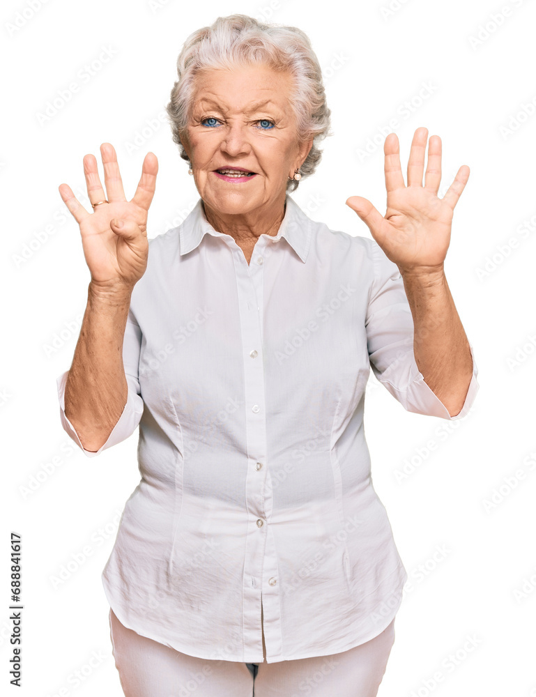 Senior grey-haired woman wearing casual clothes showing and pointing up with fingers number nine while smiling confident and happy. Senior grey-haired woman wearing casual clothes showing and pointing up with fingers number nine while smiling confident and happy.