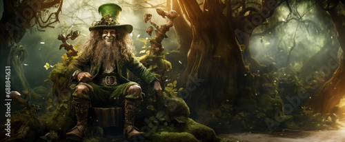 Surrounded by lush clovers in a magical woodland, a leprechaun finds a cozy seat on a stump, weaving a festive tapestry that epitomizes the joy and wonder of St. Patrick's Day