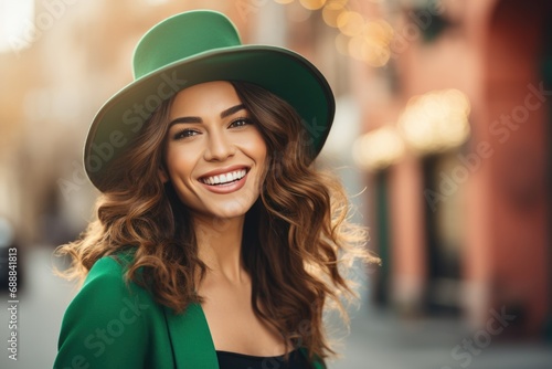A woman in a leprechaun hat and celebratory attire for St. Patrick's Day walks with a smile, spreading the festive vibe and adding a splash of joy to the city streets