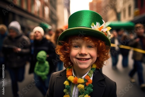 On the city street, a young boy in a leprechaun hat and festive St. Patrick's Day clothes becomes a charming highlight, his joyful demeanor adding a sense of playfulness and celebration