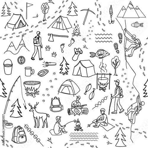 Camping items. People are sitting around the fire. Vacationers in the wild. Fishing rod, grill tent, compass, axe, backpack, footprints.