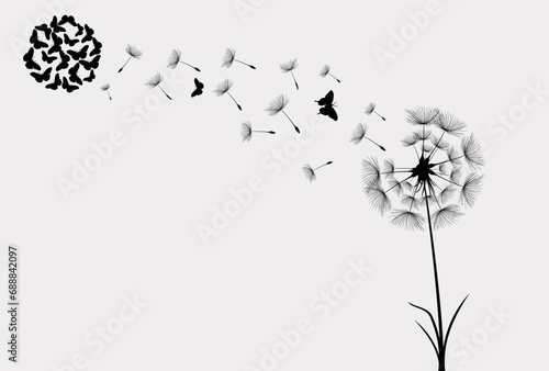 Dandelion with flying butterflies and seeds, vector illustration. Vector isolated decoration element from scattered silhouettes.