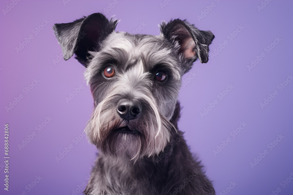 Miniature Schnauzer Dog Portrait on Purple Background 