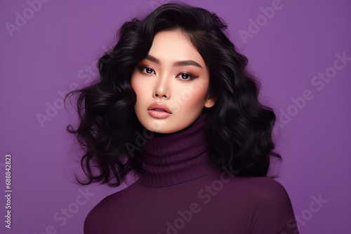 Portrait of a Woman in Turtleneck in front of purple background 