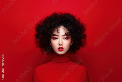 Portrait of a Woman in Turtleneck in front of red background 