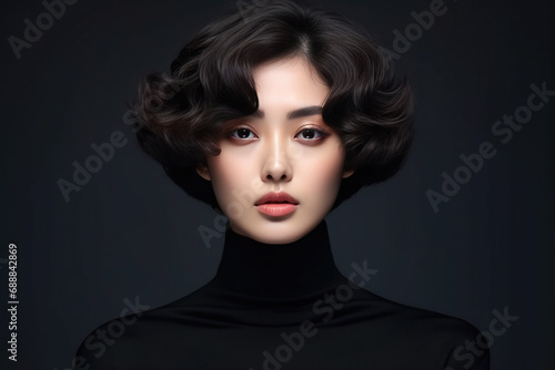 Portrait of a Woman in Turtleneck in front of black background 