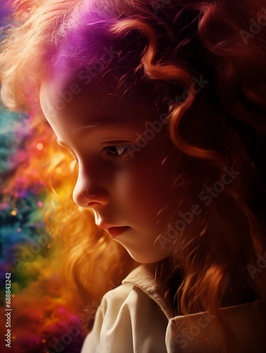 young girl with red hair, colorful light, pensive expression