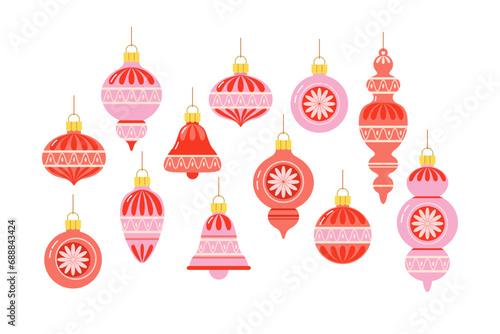 Set of Christmas tree toys in shape of balls, icicles, bells in trendy pink color on white isolated background in flat retro style. Christmas tree decorations in rose tones.