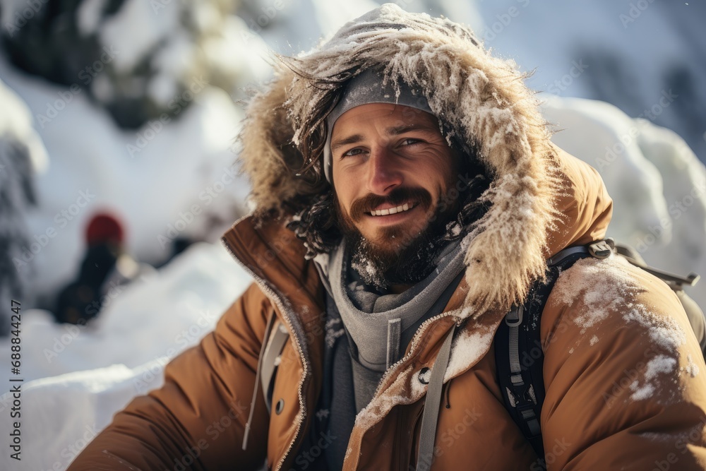 White man resting on snowy mountain White man resting on snowy mountain