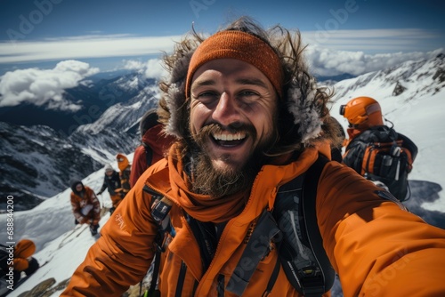 Smiling man with his team on mountain peak 