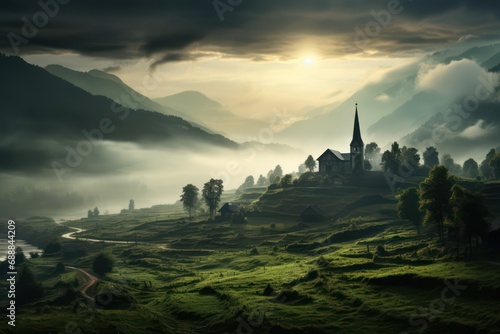 Peaceful photo of a church in the mountains, with a rural feel, full of calm mist