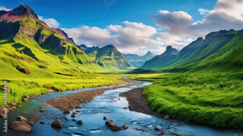 Peaceful nature landscape with green mountain views, with river in the middle photo