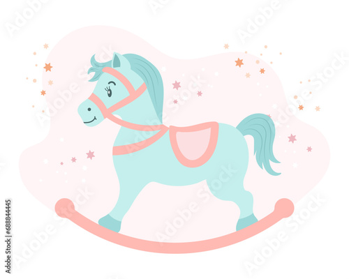 Children s toy rocking horse on a background of stars. Children s card  vector