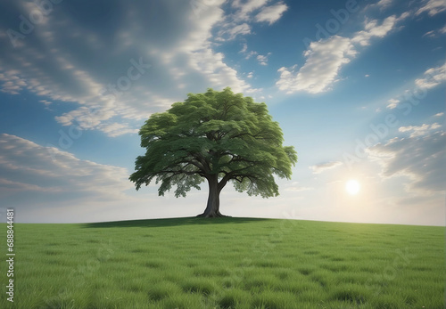 a lone large tree in a green meadow against a blue sky