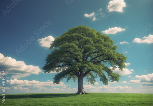a lone large tree in a green meadow against a blue sky
