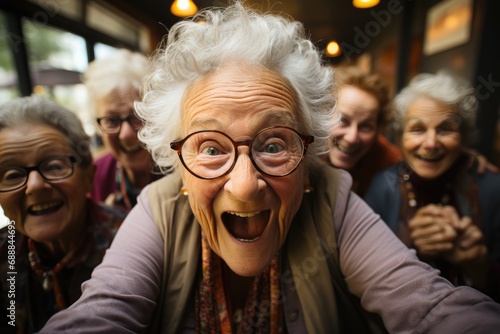 Elderly ladies from the nursing home are going on a trip, cheerful older granny