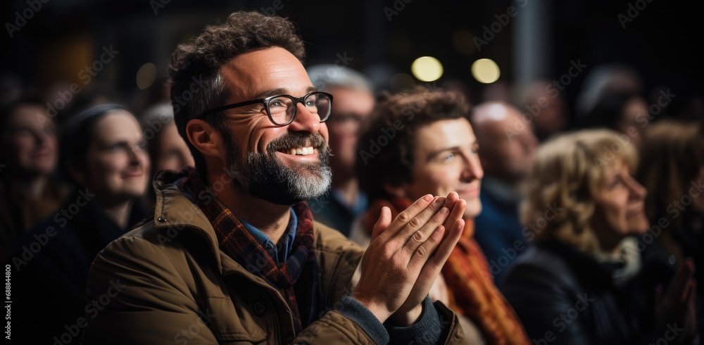 Cheerful senior man watching movie in cinema 