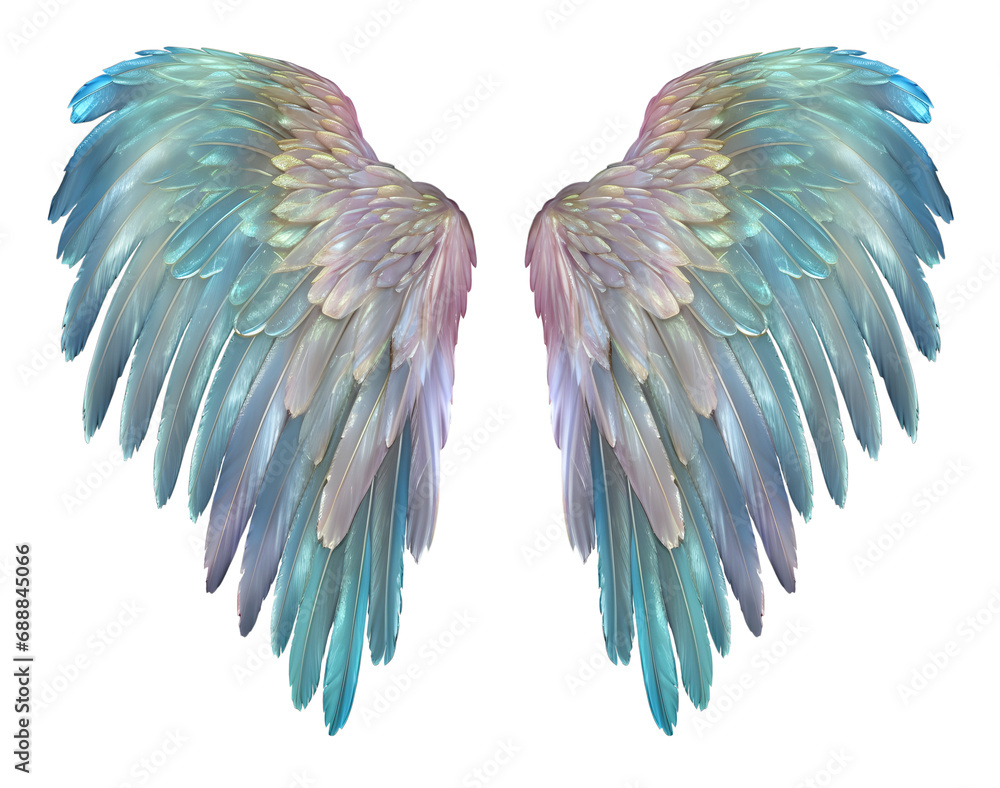 Obraz premium Finely detailed illustration of a Pair of colored Angel Wings isolated transparent png file. ai generated.