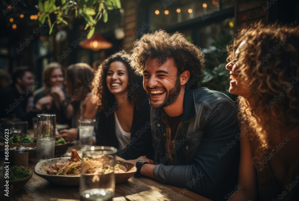 White young boy eating pasta in restaurant with his lady friends