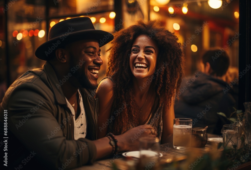 Black love couple in good mood drinking cocktails in night bar