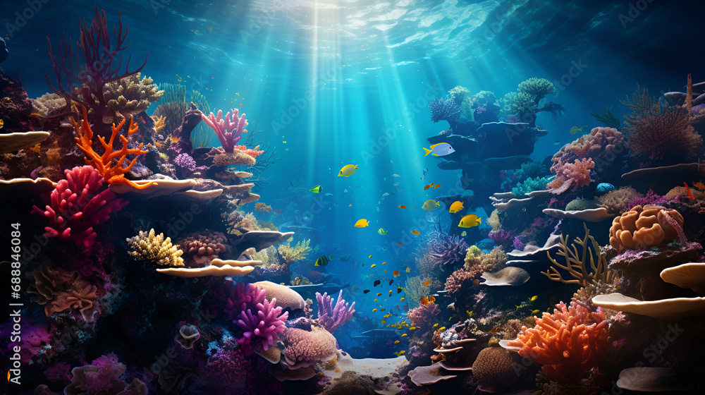Large group of fish swimming over a coral, beautiful underwater scenery with various types of f, A mesmerizing underwater coral reef teeming with colorful fish. AI Generative., Photo of a vibrant c


