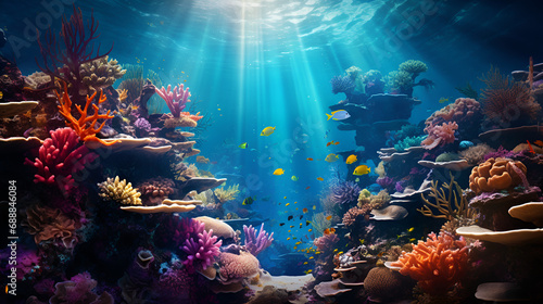 Large group of fish swimming over a coral, beautiful underwater scenery with various types of f, A mesmerizing underwater coral reef teeming with colorful fish. AI Generative., Photo of a vibrant c