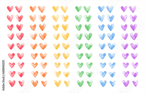 Colorful rainbow vector watercolor hearts set, collection. Cute hand brush drawn doodle heart shapes with artistic aquarelle stains. Painted watercolor Valentine's Day, lgbt, gay pride templates. 