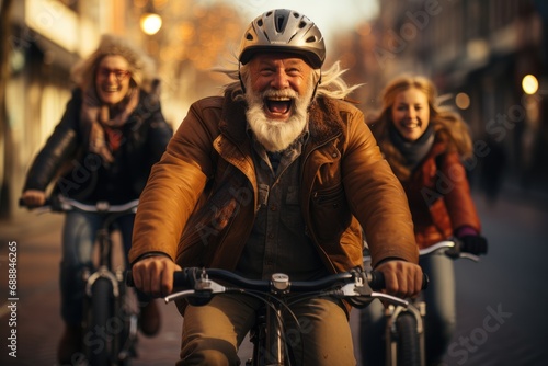 Happy family enjoying to drive bike on the city roads