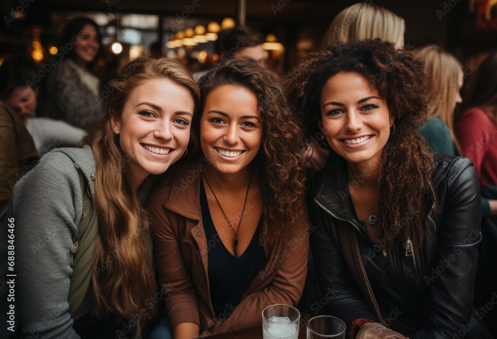 Obraz premium Cheerful ladies in restaurant drinking coffee after shopping