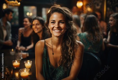 Adorable brunette in green elegant dress - romantic atmosphere