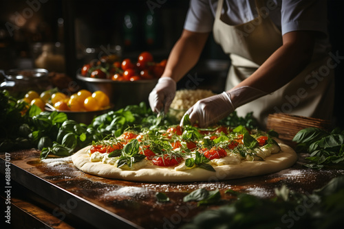 Chef preparing pizza with tomatoes and basil on a wooden board. ia generative