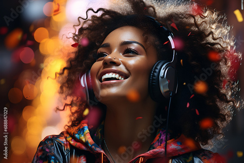 Beautiful african american woman with afro hairstyle listening to music. ai generated