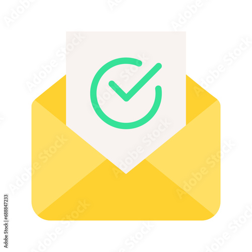 Envelope with document and round green check mark icon. email delivery confirmation, successful verification concepts. vector illustration on white background