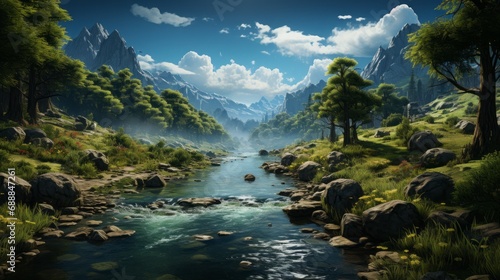 Nature's Majestic Symphony: Exploring the Serene Beauty of Rivers, Mountains, Waterfalls, and Lush Green Landscapes, generative AI © Aleksandr