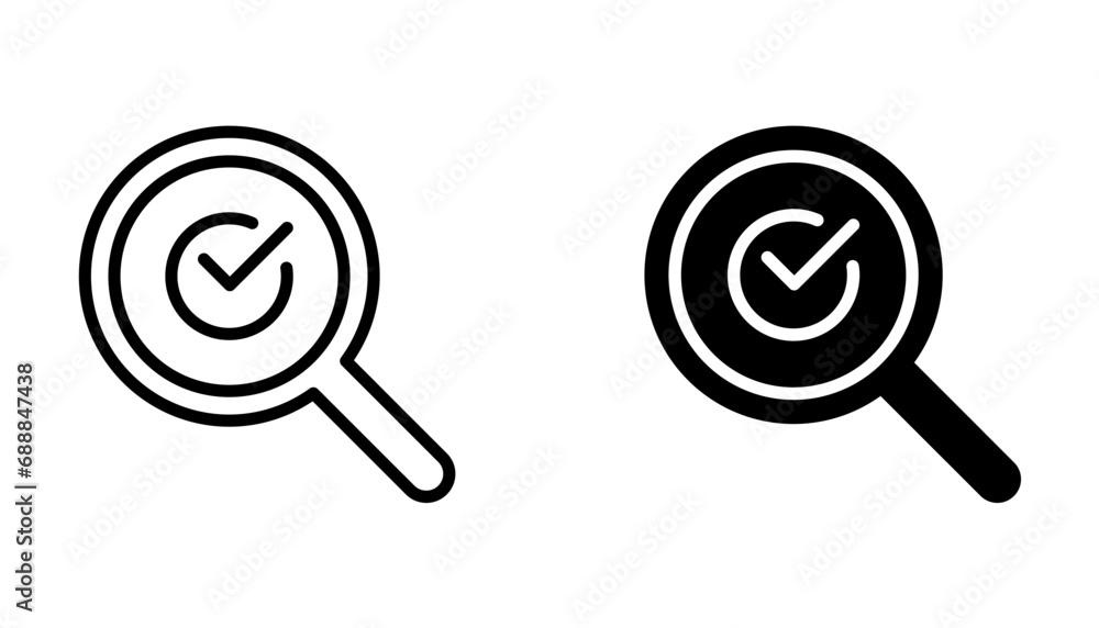 Vector magnifier sign with check mark icon, vector illustration on white background Vector magnifier sign with check mark icon, vector illustration on white background