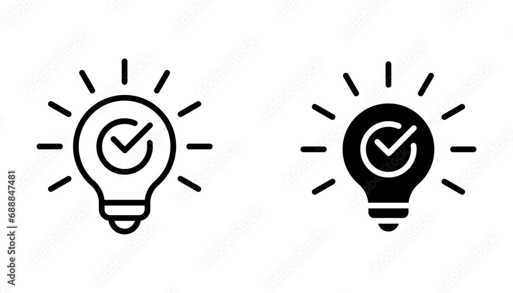 Light bulb with tick icon in flat style. Lightbulb with check, successful idea symbol vector illustration on white background - obrazy, fototapety, plakaty 