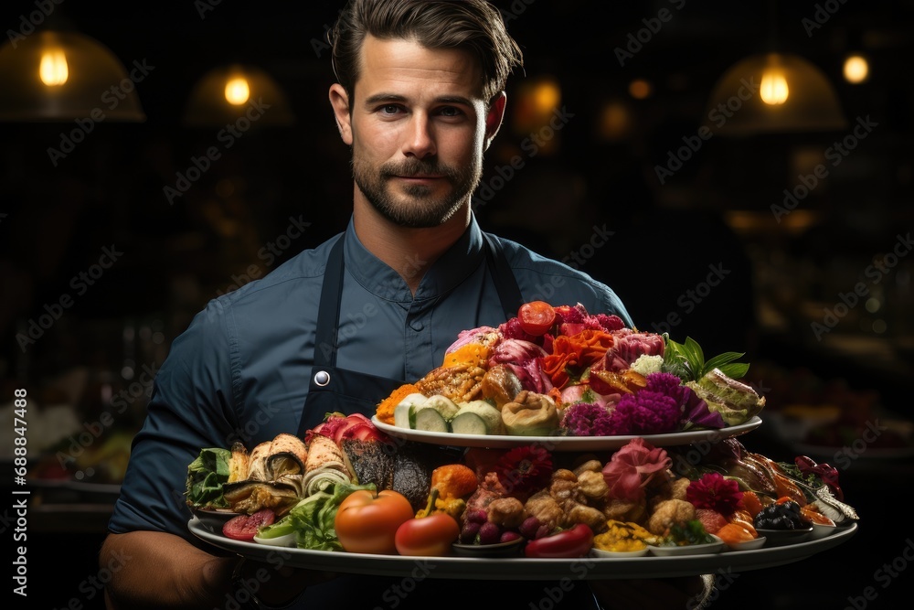Handsome waiter holds ovals of food in his hands Handsome waiter holds ovals of food in his hands