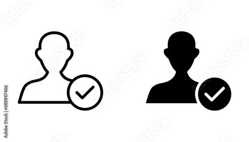 User account accepted symbol with tick, approved or applied person sign, validation verified pictogram, vector illustration on white background
