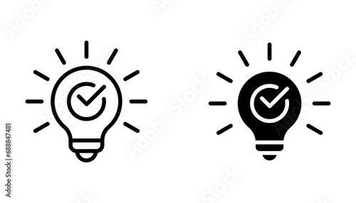 Light bulb with tick icon in flat style. Lightbulb with check, successful idea symbol vector illustration on white background photo