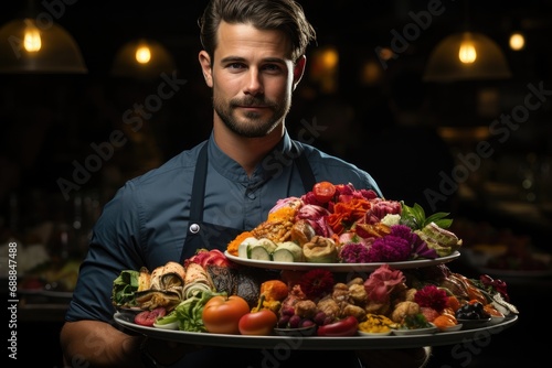 Handsome waiter holds ovals of food in his hands