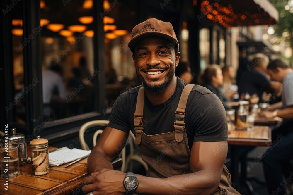 African american muscular man with cap sitting in bar and waiting his lunch African american muscular man with cap sitting in bar and waiting his lunch