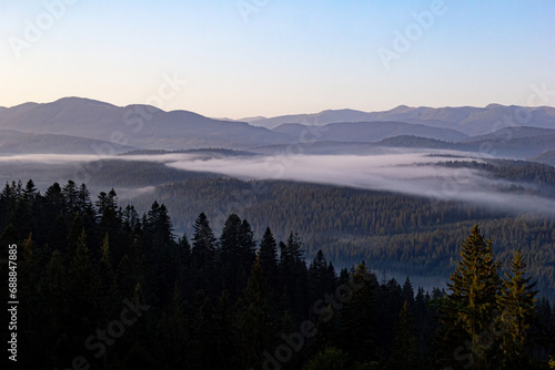 Smoky fog over the forest in the mountains at sunrise. Soft colors, beautiful blue sky