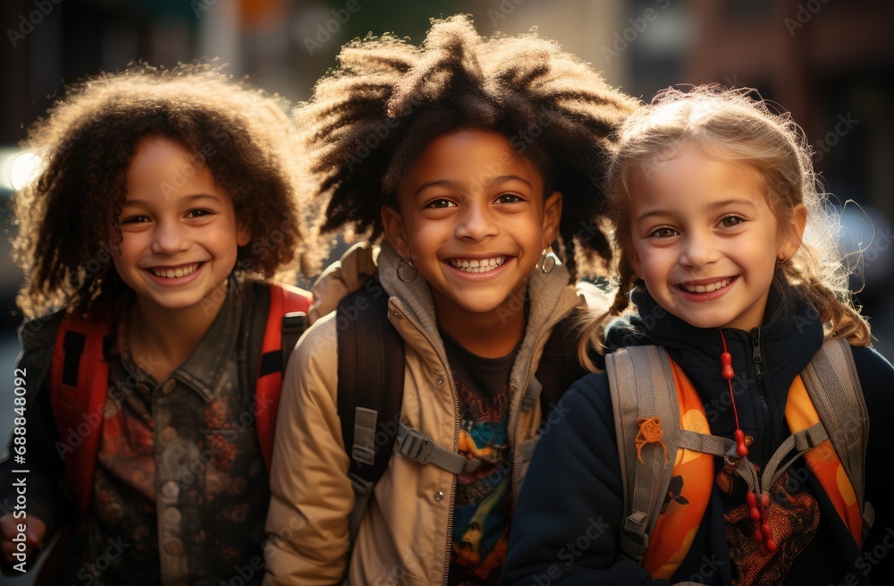 Portrait of three little school girl in happy mood
