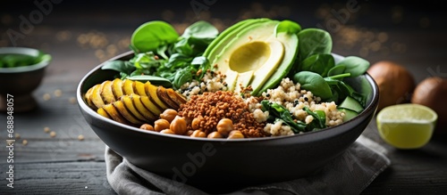 Toned, focused Buddha bowl with roasted chickpeas, spinach, quinoa, avocado, and cucumber. photo