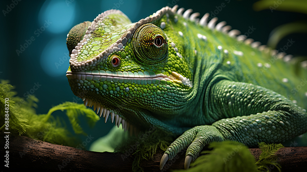 Fototapeta premium Green Chameleon Resting on a Branch with a Dark Background