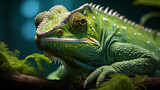close-up green chameleon, A close-up view reveals a green-colored chameleon in its natural habitat, blending seamlessly with the lush surroundings and showcasing its remarkable ... See More

