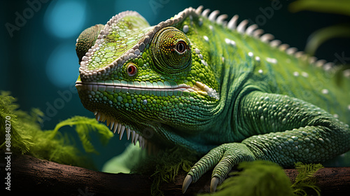 close-up green chameleon  A close-up view reveals a green-colored chameleon in its natural habitat  blending seamlessly with the lush surroundings and showcasing its remarkable ... See More  