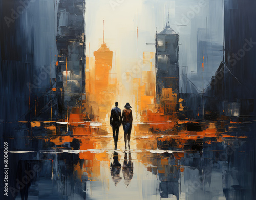 Landscape of couple walking in the city, painting with watercolors
